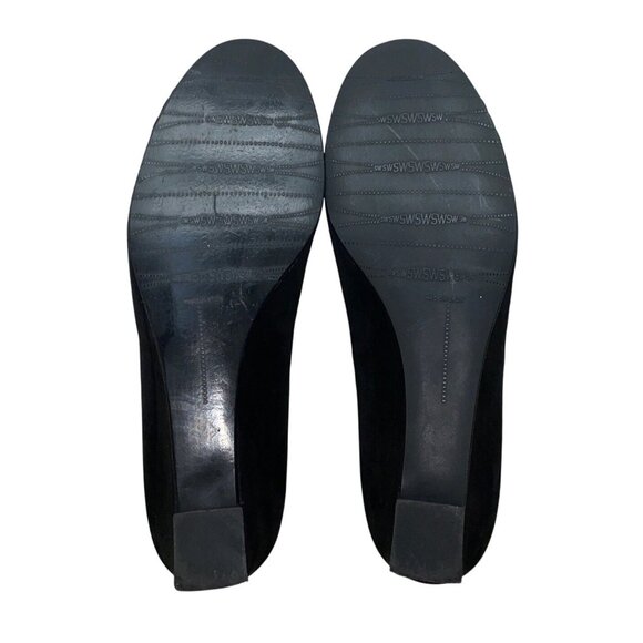 Stuart Weitzman Black Suede Giveable Bow & Chain Accent Wedge Flats Size 10M - Picture 7 of 8